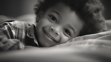 Black and white portrait of a smiling african american little boy lying in bedの素材