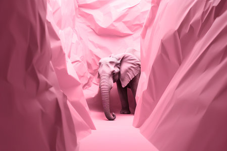 Elephant in a hole in pink paper. Conceptual image.の素材