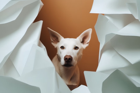 White dog peeking out of hole in white paper on orange backgroundの素材