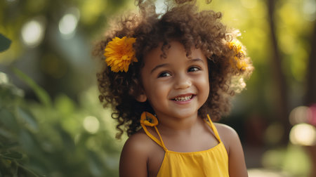 Portrait of a little african american girl with yellow flower in her hairの素材