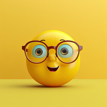 Funny yellow emoticon with glasses. 3d render illustration.の素材