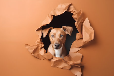 Dog peeking through hole in orange paper. Dog looking through holeの素材