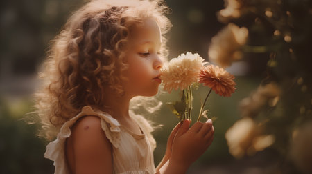 Portrait of a cute little girl with dahlia flowers.の素材