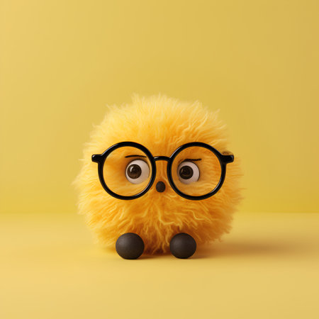 Funny yellow fluffy toy with glasses on a yellow background. Minimal concept.の素材