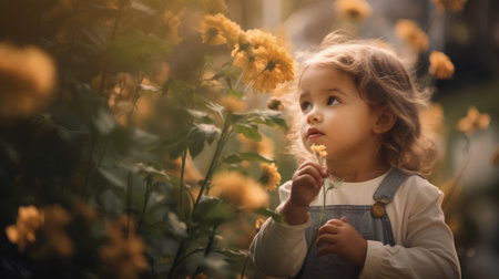 Cute little girl with yellow flower in the garden. Selective focus.の素材