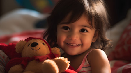 Portrait of cute little girl with teddy bear in bed at homeの素材