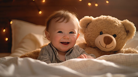 Cute baby boy lying in bed with teddy bear toy.の素材