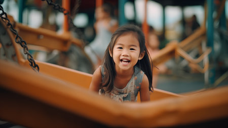 Portrait of cute little asian girl having fun on playground.の素材