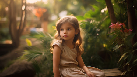 Portrait of a beautiful little girl with long hair in the gardenの素材