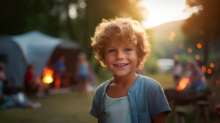 Cute little boy having fun on camping with friends at summer eveningの素材