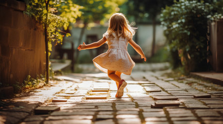 A little girl in a white dress runs along the street in the summer.の素材
