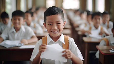 Portrait of a happy schoolboy holding a sheet of paper in classroomの素材