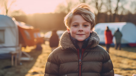 Portrait of a boy in a warm jacket on the background of camping tents.の素材