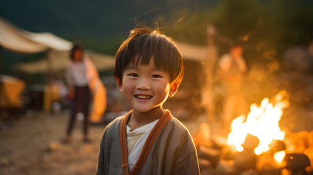 Happy asian little boy in front of the campfire at sunsetの素材