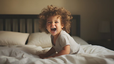 Portrait of a cute little boy laughing on the bed at homeの素材