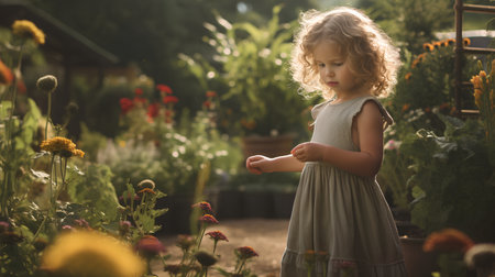 Little girl with curly hair in a dress in the garden at sunsetの素材