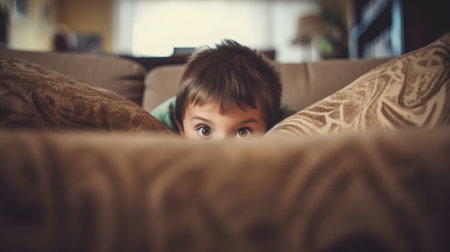 Little boy hiding behind a blanket at home in the living room.の素材