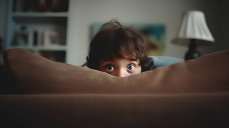 Cute little boy hiding behind a blanket in the living room at homeの素材