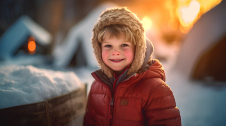 Portrait of a cute little boy in a warm hat and coat on the background of a winter villageの素材