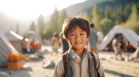 Happy asian little boy smiling at camera while standing in front of camping tentの素材