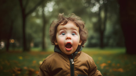 Little boy in the autumn park. Shocked child with open mouth.の素材