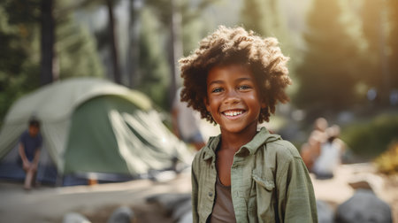 Portrait of a happy african american girl smiling at the camera while camping in the forestの素材