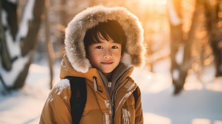 Happy asian child in winter park at sunset with warm light.の素材