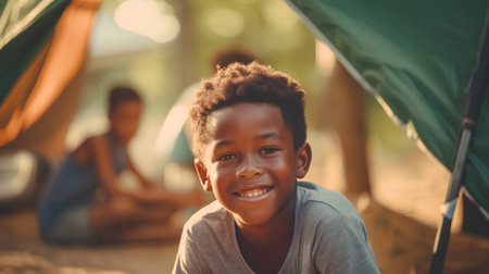 Portrait of happy african american boy sitting in tent at campsiteの素材