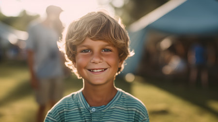 Portrait of smiling boy standing at campsite during sunny summer dayの素材