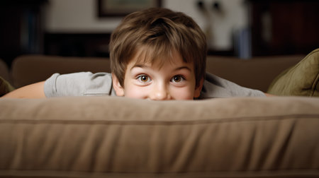 Portrait of a cute little boy looking at camera while lying on sofa at homeの素材