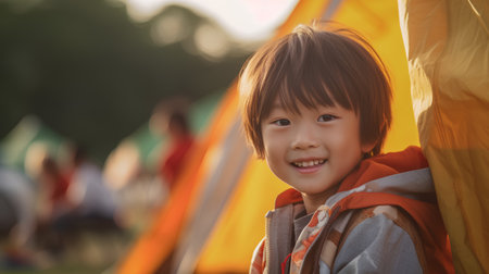 Happy asian child looking at camera in camping tent at sunset.の素材