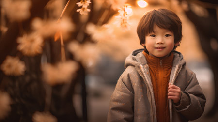 Happy asian boy in the park at spring time, vintage color toneの素材