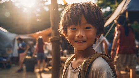 Cute asian boy with backpack looking at camera and smiling.の素材