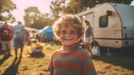 Portrait of a smiling boy standing in front of a camper vanの素材