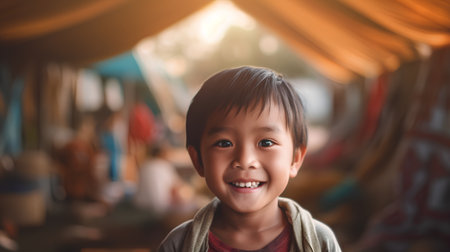 Cute asian little child smiling and looking at camera in a tentの素材