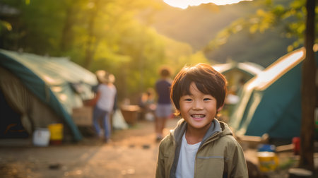 Happy asian boy with family camping in the forest at sunset.の素材
