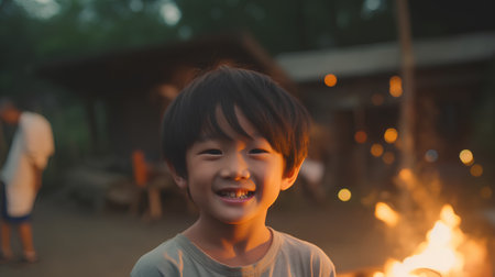 Little asian boy laughing in front of the campfire during sunsetの素材