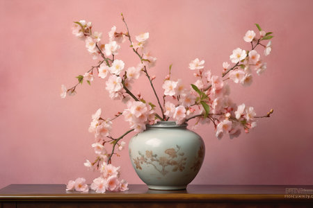 Vase with cherry blossoms on wooden table against pink wall.の素材