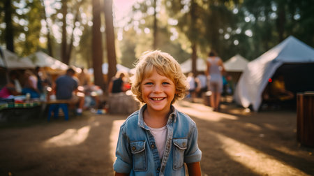 Portrait of a smiling little boy standing in front of the tentの素材
