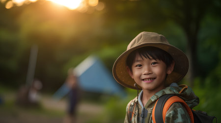 Portrait of happy asian boy with backpack and tent in the forestの素材
