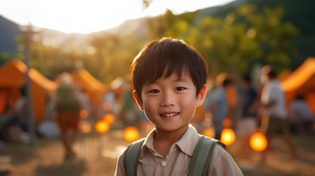 Happy asian little boy in front of a tent during a religious ceremonyの素材