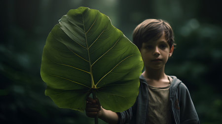 Little boy hiding behind big green leaf of tropical plant in dark forestの素材
