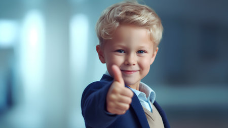 business, education and people concept - smiling little boy showing thumbs up over office backgroundの素材