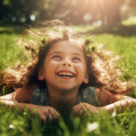 Beautiful little girl lying on the grass and smiling at the cameraの素材