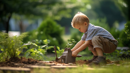 Cute little boy planting seedlings in the garden on summer dayの素材
