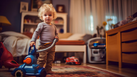 Cute little boy playing with a toy car in the room.の素材