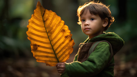 Little boy holding a leaf in the forest, autumn season concept.の素材