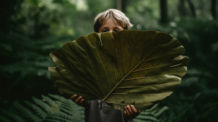 Little boy hiding behind a big green leaf in the forest. Concept of ecology and nature.の素材