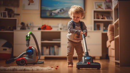 Cute little boy cleaning carpet with vacuum cleaner in living room at homeの素材