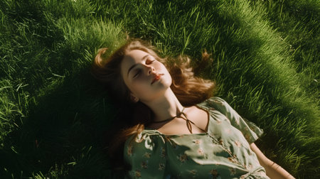 View of a beautiful girl in a green dress lying on the grass.の素材
